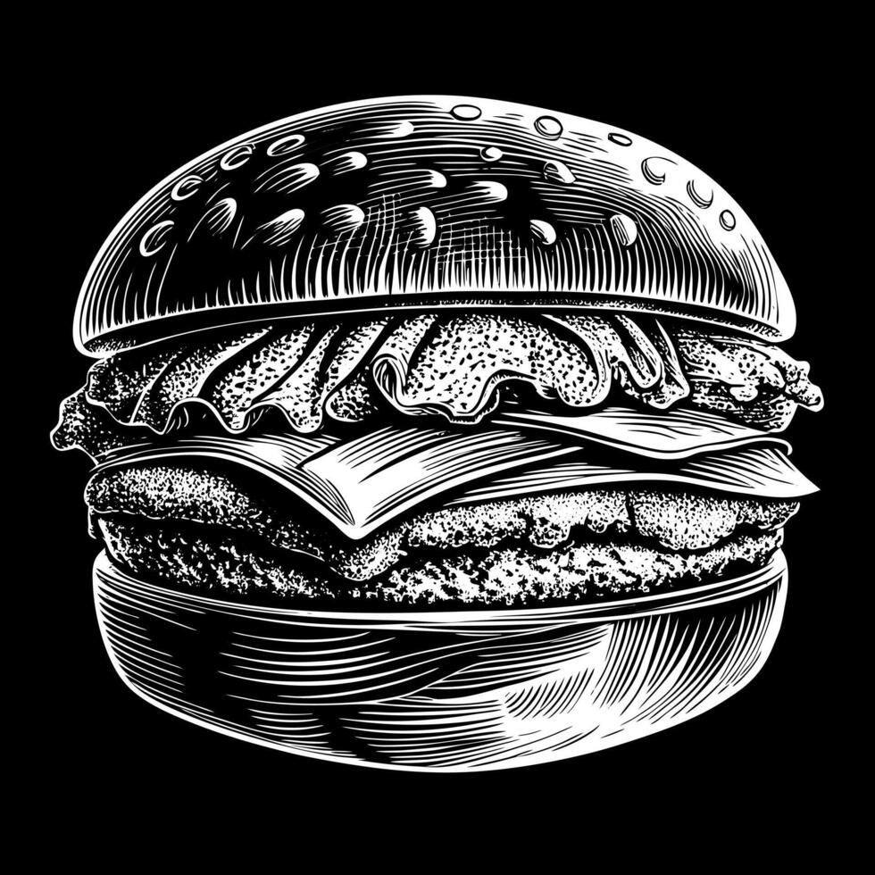 Vintage Hand Drawn Cheeseburger Illustration with Lettuce and Cheese on Blackboard Style vector