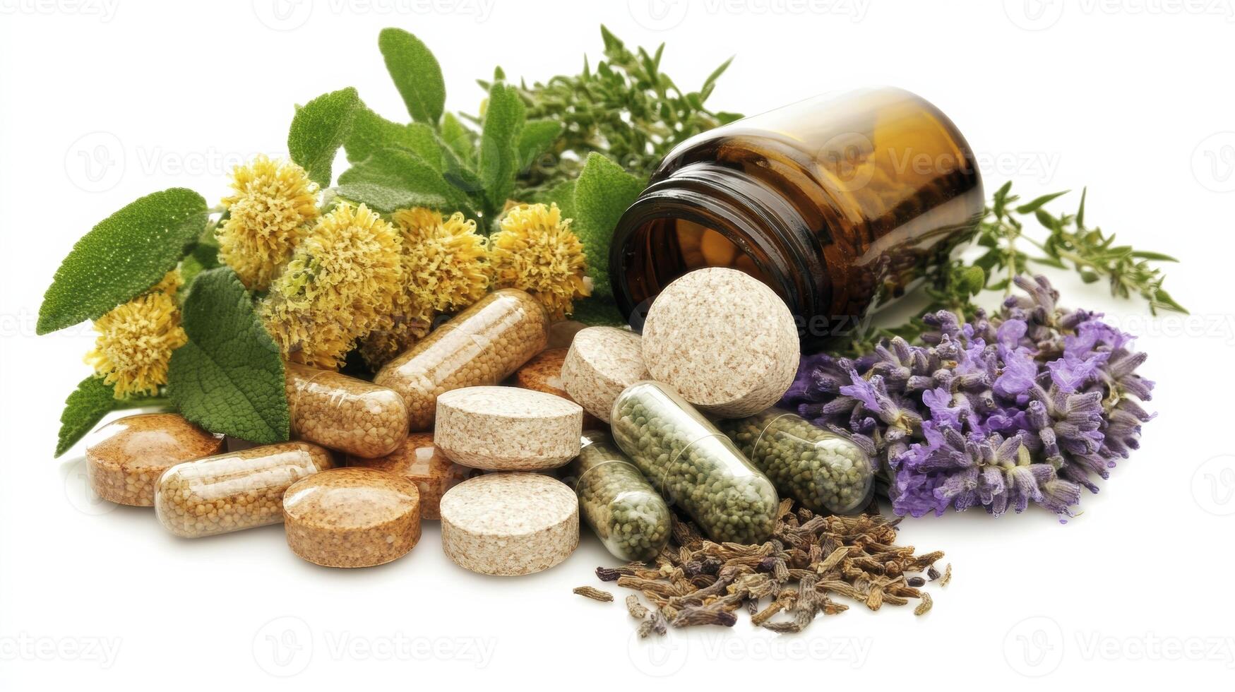 Various herbs and pills with a bottle of pills photo