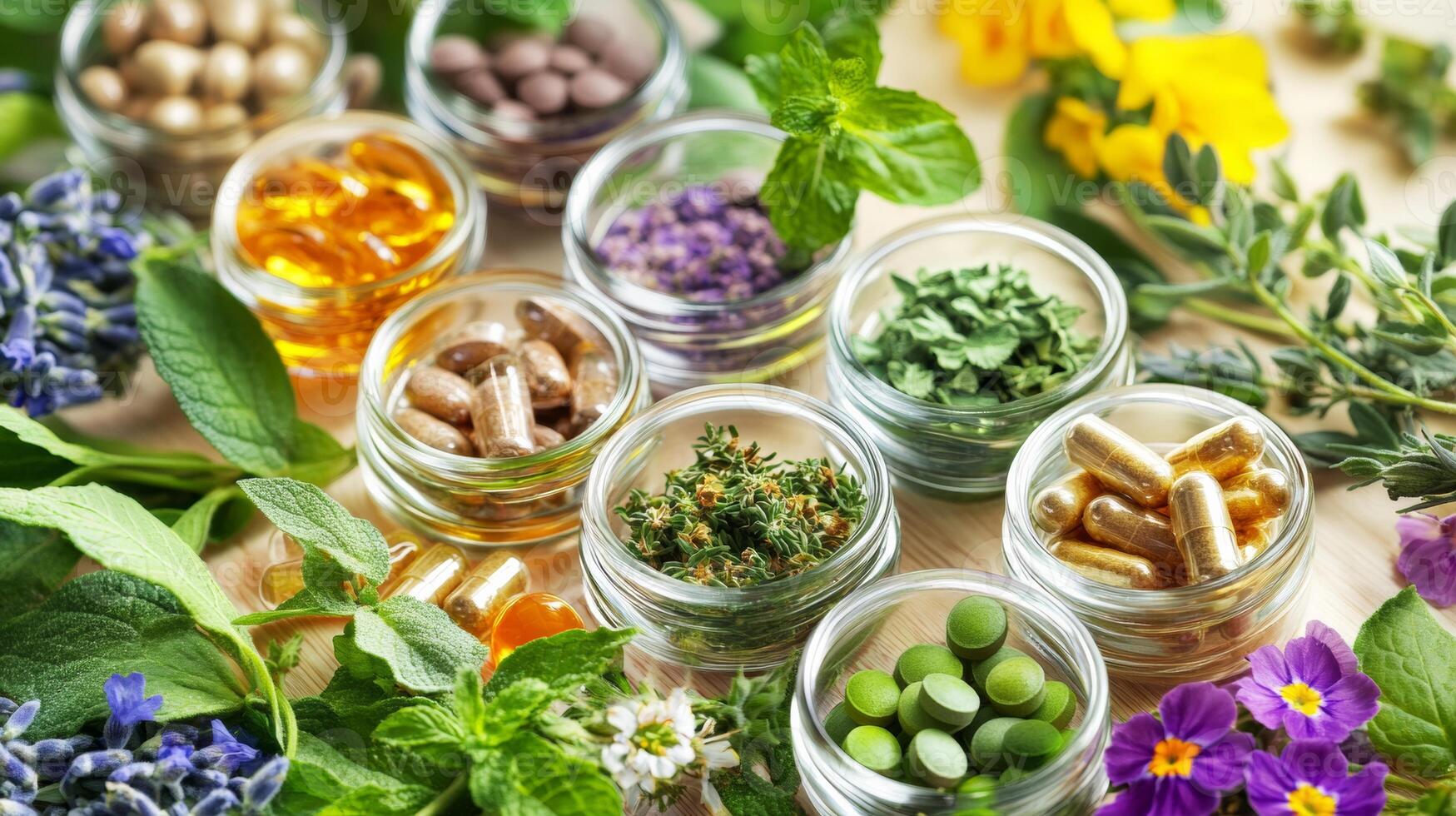 Various herbs and spices in jars photo