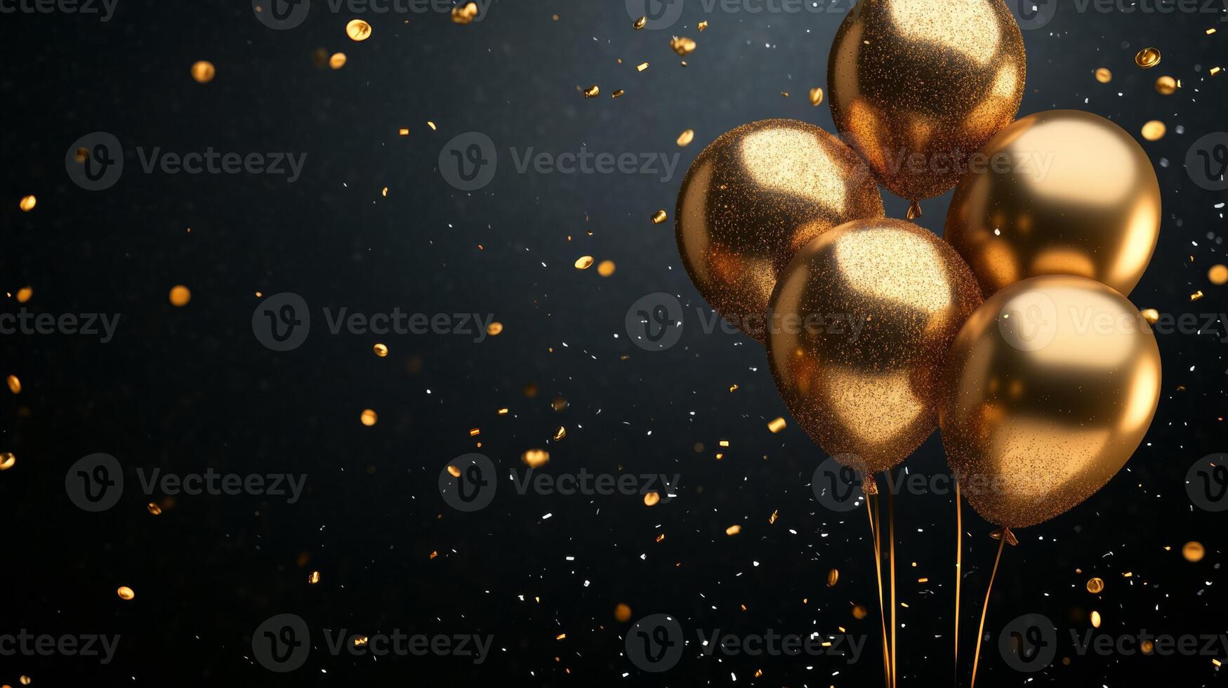Golden balloons on black background with confetti photo