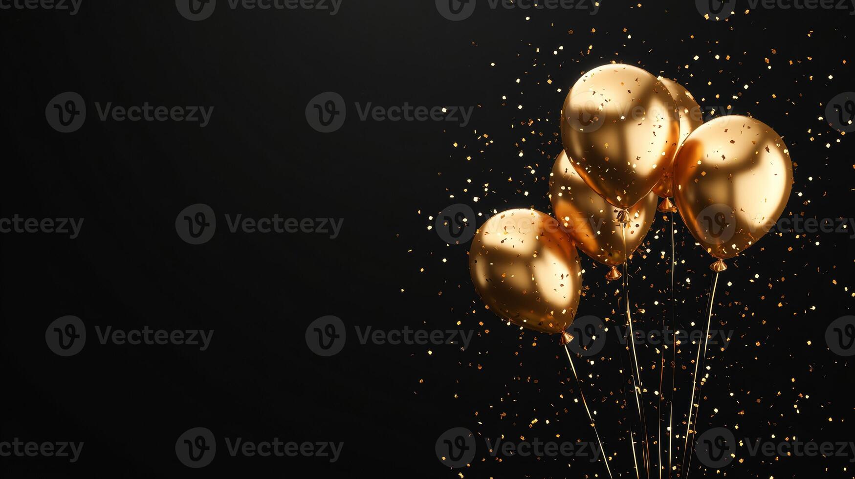 Golden balloons on black background photo