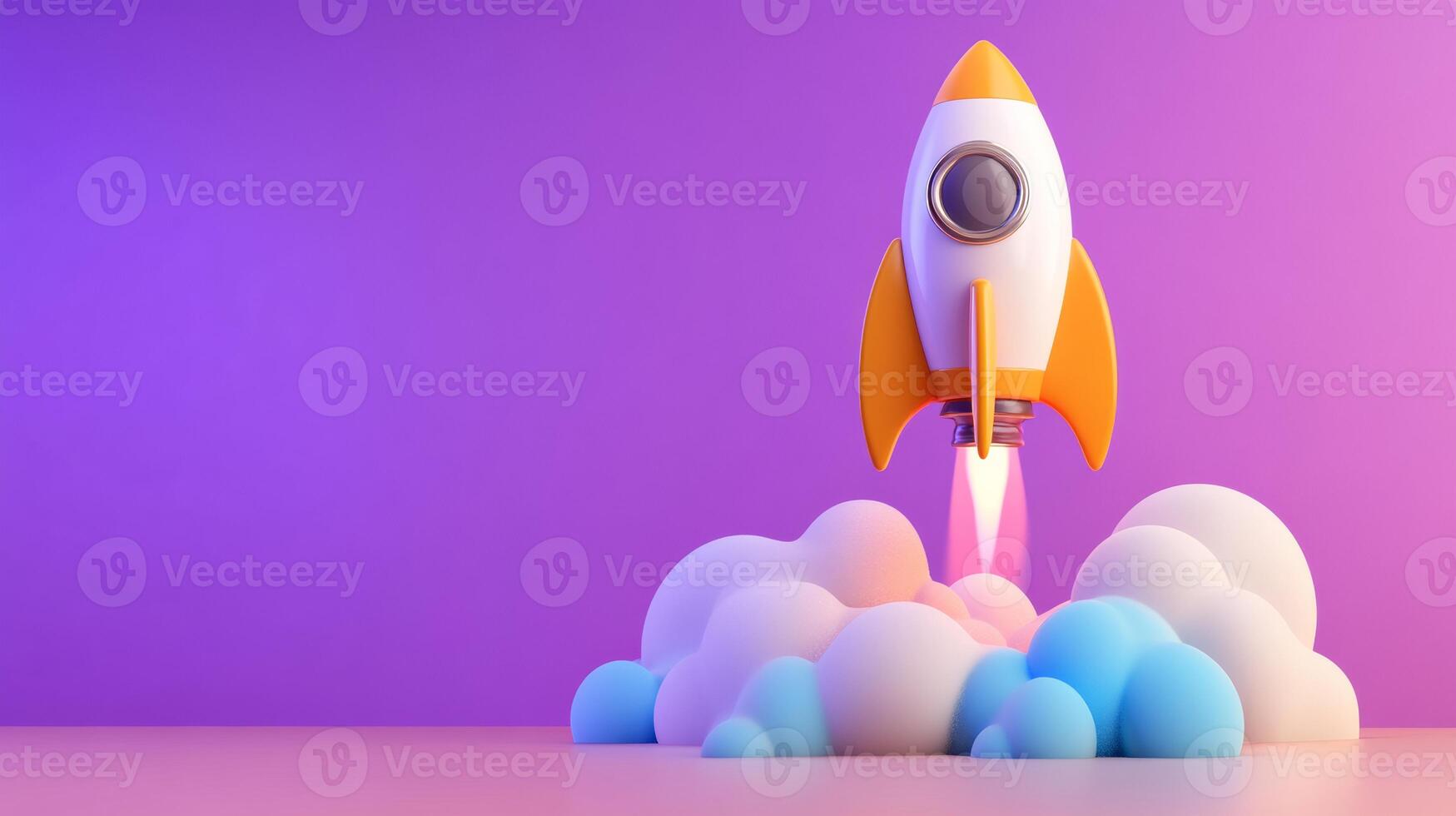 A rocket is flying into the clouds on a purple background photo
