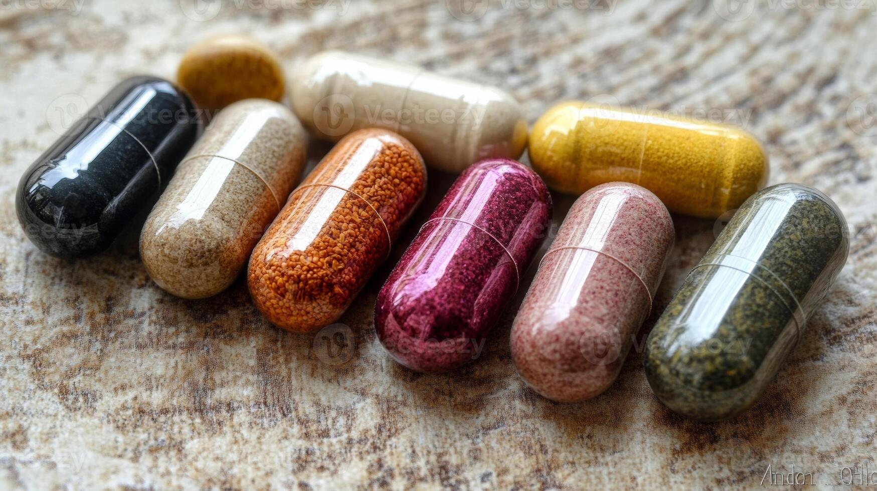 A variety of capsules on a wooden surface photo