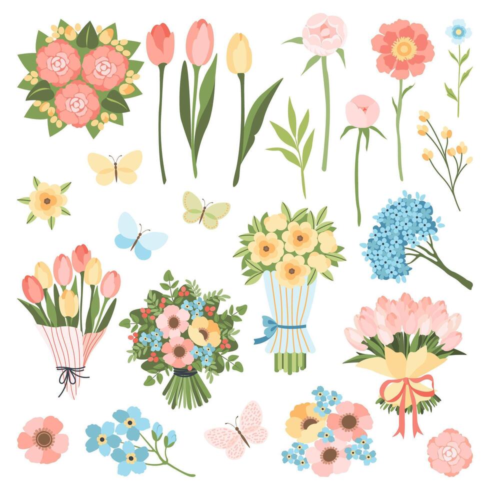 Spring Flower Bouquets and Butterflies Collection. vector