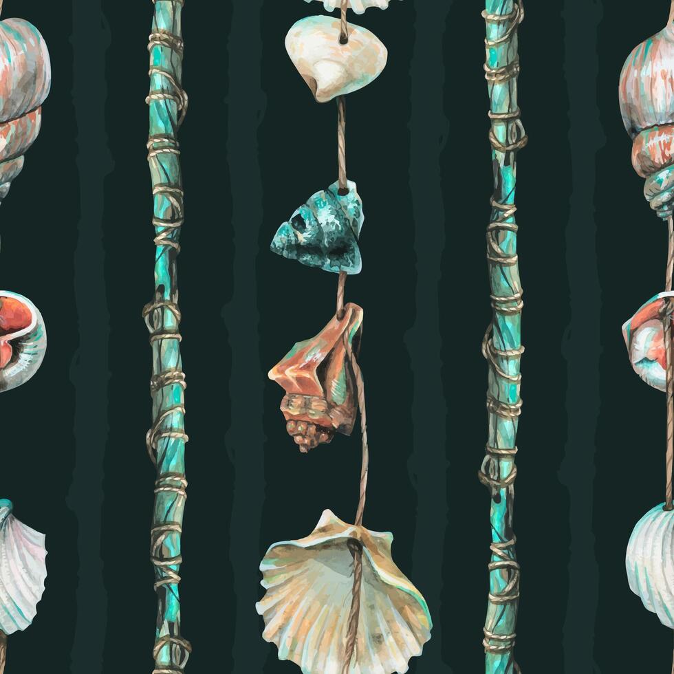 Seashells are hung on turquoise wooden sticks. Hand drawn watercolor illustration. Seamless pattern on a dark blue background vector
