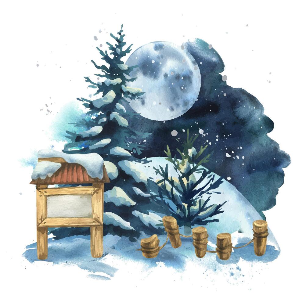Winter landscape in the night forest with information board, spruce trees, moon and snowdrifts, wooden fence. Watercolor hand drawn illustration. Wildlife scene composition isolated from background vector