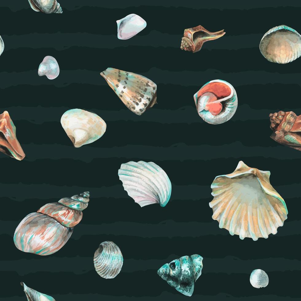 Seashell Seamless pattern on a dark blue background. Hand drawn watercolor Sea Shells for wrapping paper or textile in nautical style. Underwater illustration with cockleshell and scallop vector