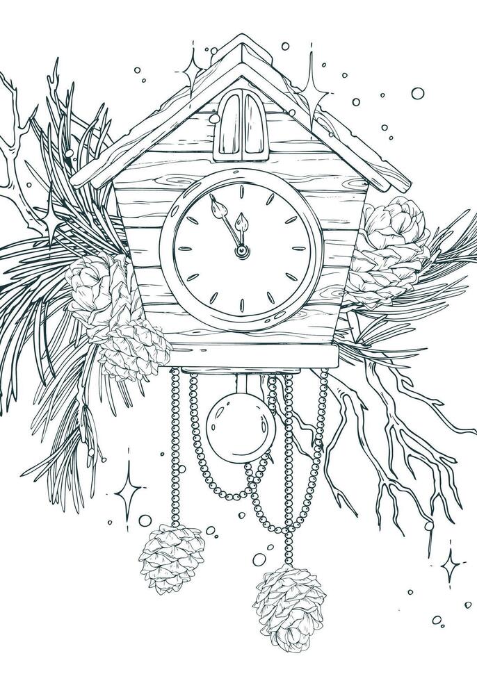 Wooden house clock, pine branches and cones, tree branches, beads, sparkling stars. Christmas, New Year Line art is a simple hand-drawn illustration in black and white ink. Card arrangement vector