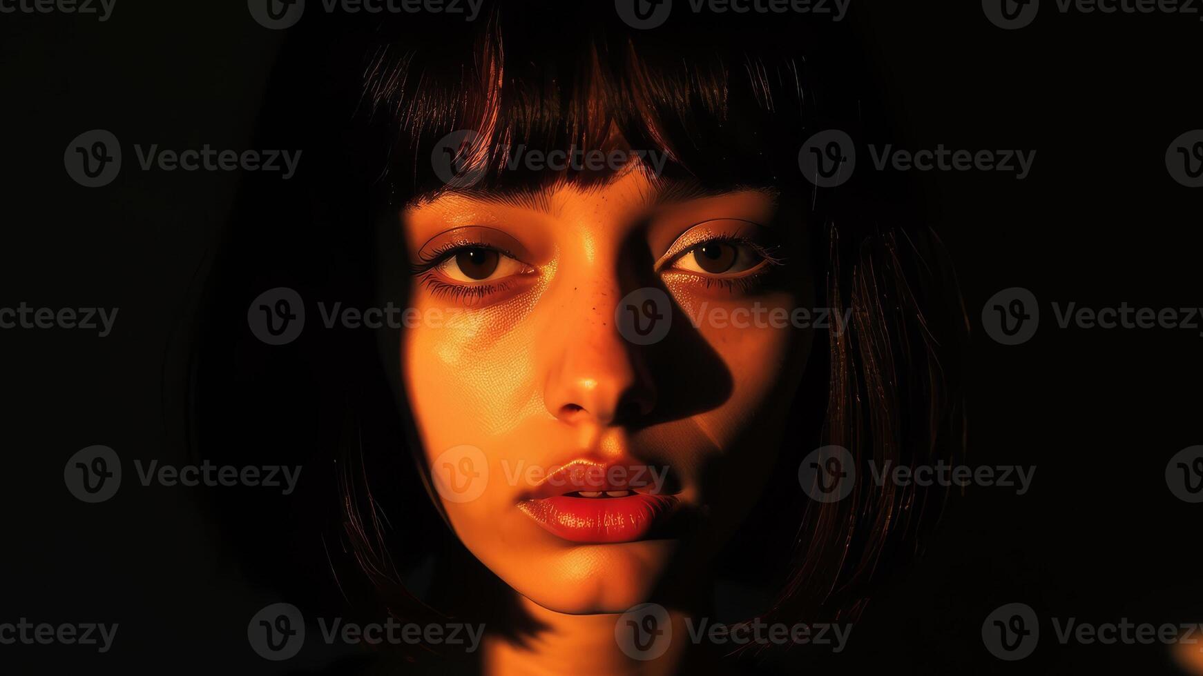 a beautiful young girl in a beam of light on a dark background photo