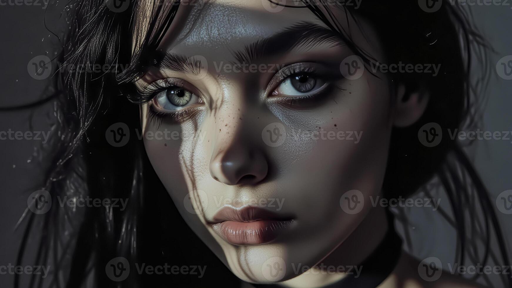 young girl in a beam of light on a dark background. photo