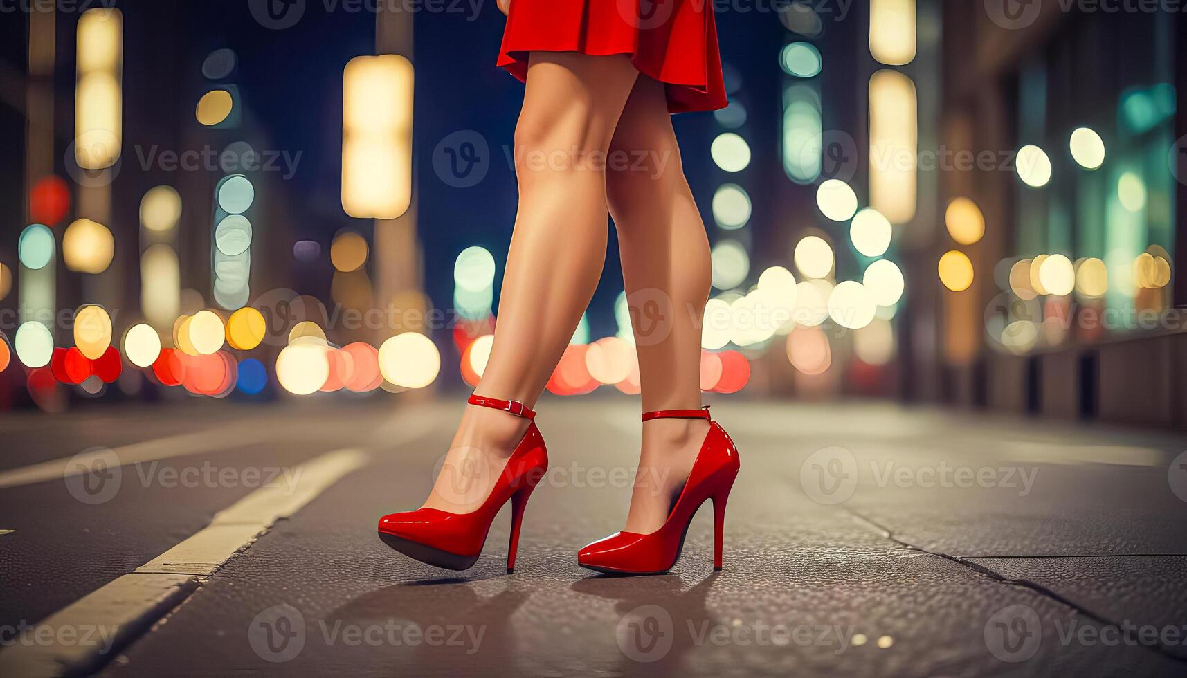 Close-up of attractive female legs in red high heels. photo