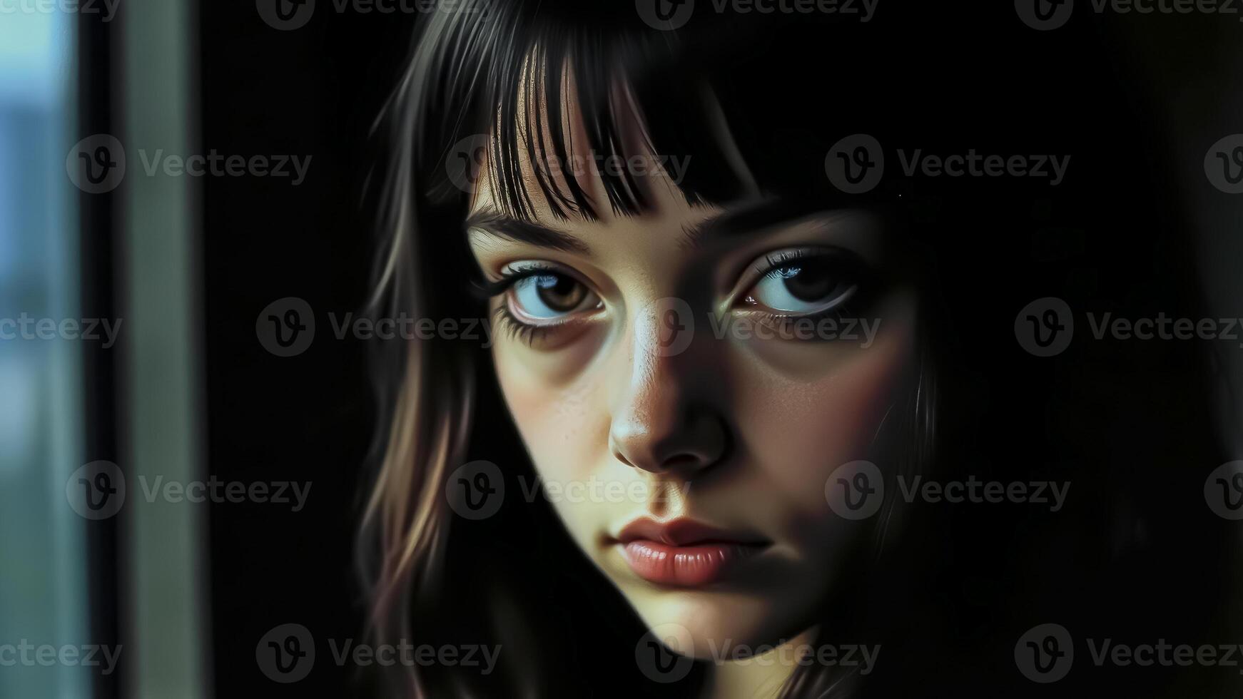 Portrait of a beautiful young girl in a beam of light on a dark background. photo