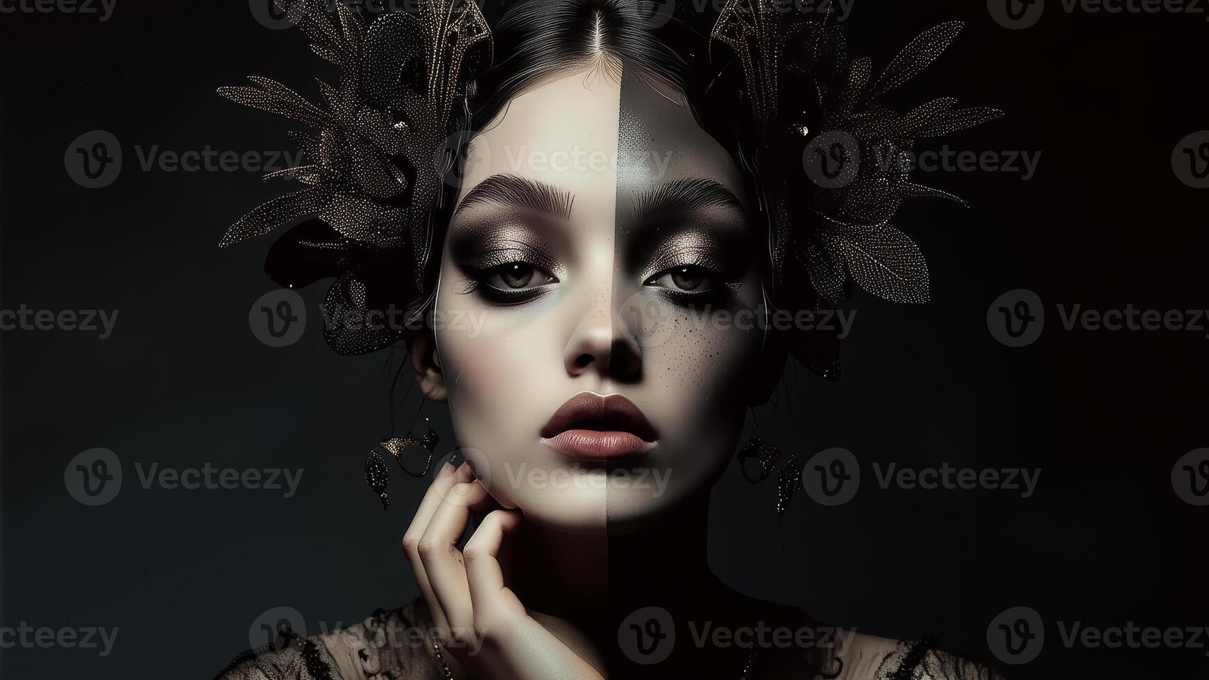 Portrait of a beautiful young girl in a beam of light on a dark background.. photo