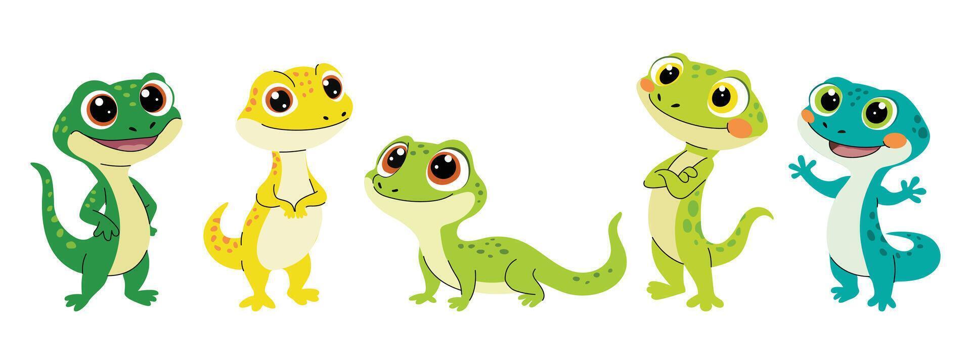 Set of cute cartoon gecko. Cute lizards with big eyes. Set of flat illustrations in children's style. vector