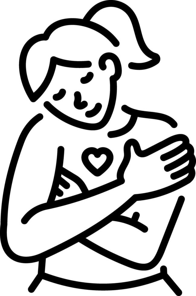 A line icon of woman hugging herself showing self love vector