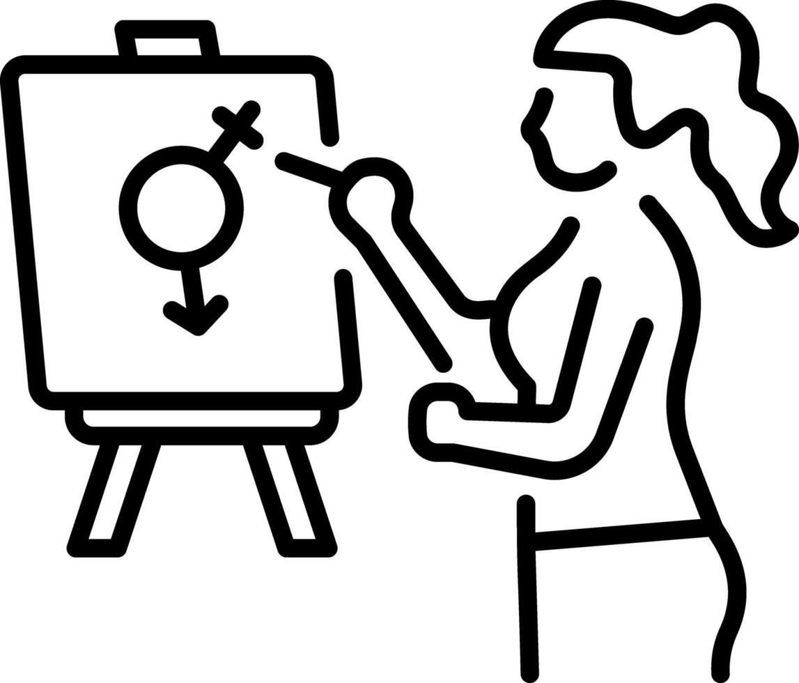 A character making feminist painting on canvas board, line icon vector