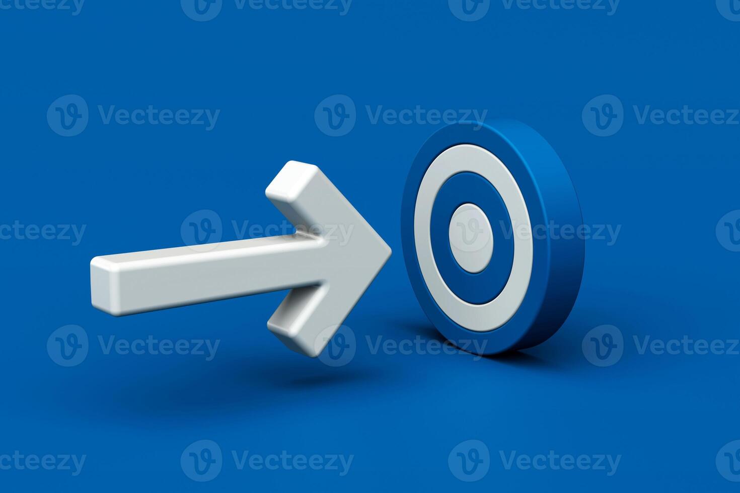 3D minimal white arrow pointing toward blue target, symbolizing goal achievement, strategy, focus, and direction, 3d rendering photo