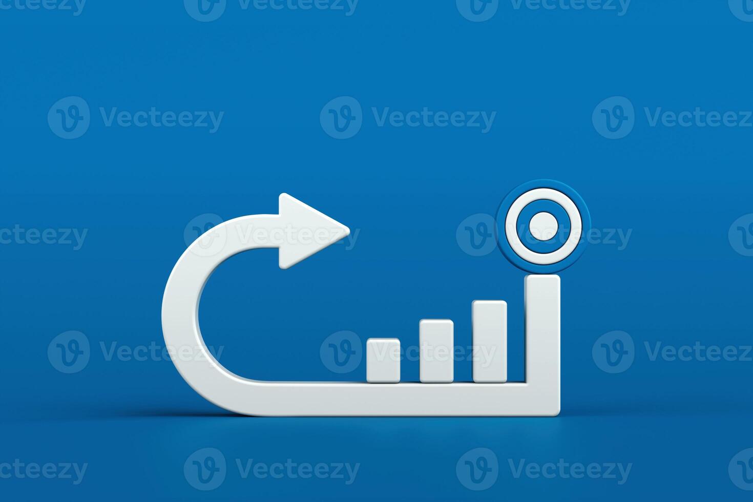 Curved arrow, bar chart increasing towards target symbol, representing business strategy, goal achievement, success, and growth, 3d rendering photo