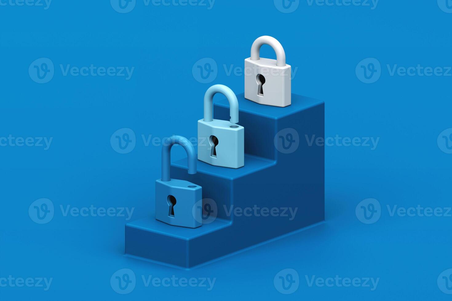 Security Steps, Conceptual representation of security progression, depicting padlocks ascending staircase, each symbolizing stages of protection, 3d rendering photo