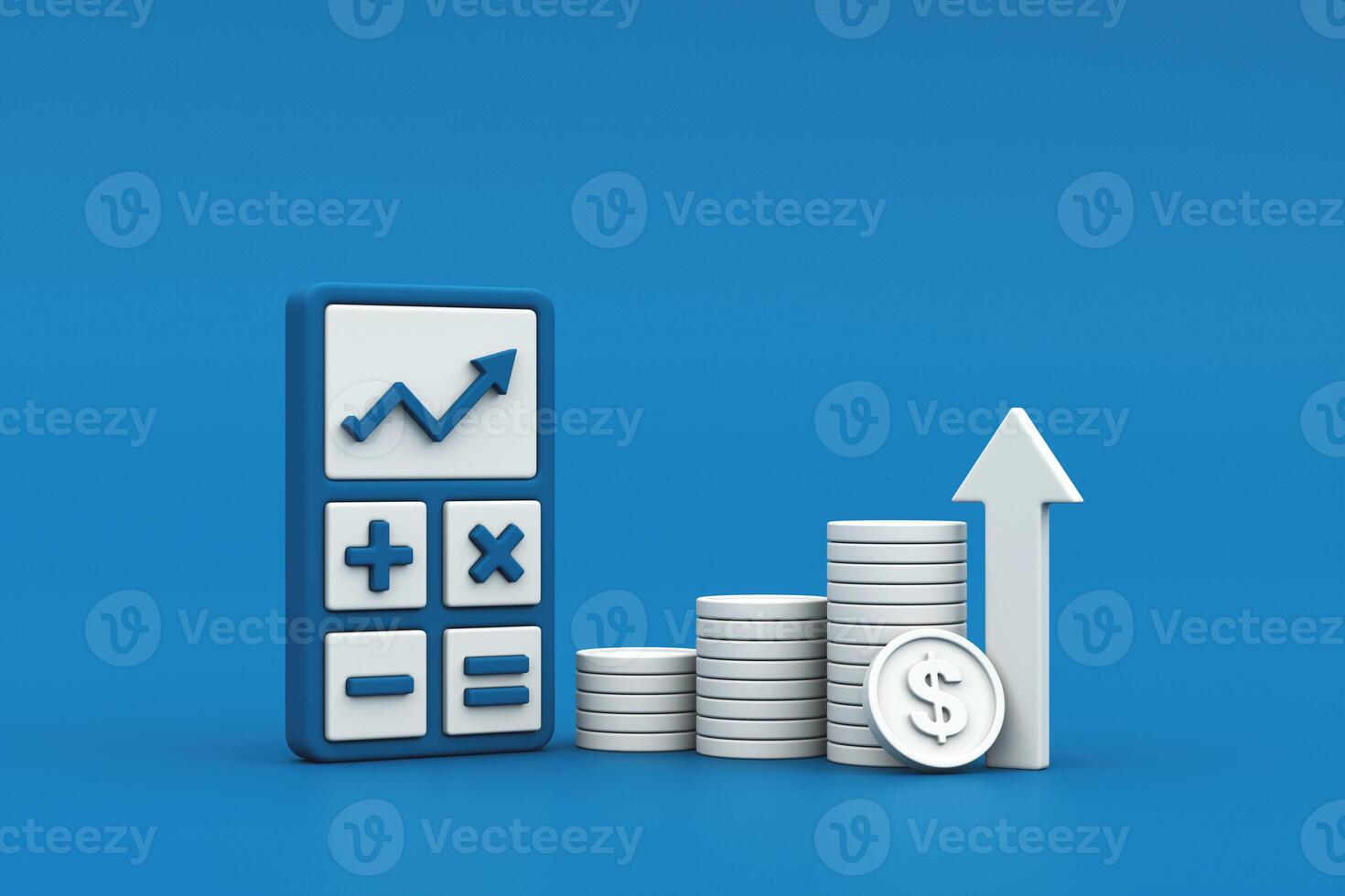 Calculator, stacked coins, and upward arrow symbolizing financial growth, investment success, and economic progress, 3d rendering photo