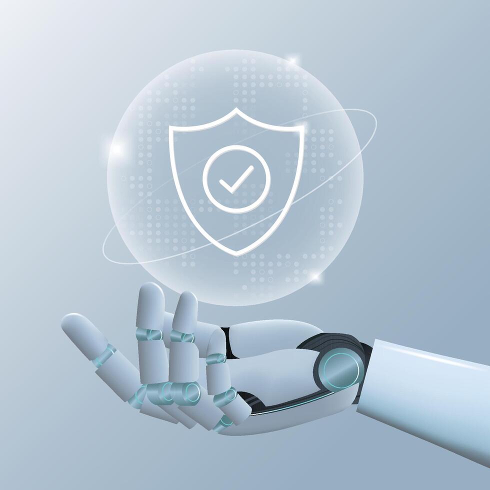 AI humanoid hand holding AI on microchip hologram, Future cybernetic artificial intelligence technology concept vector