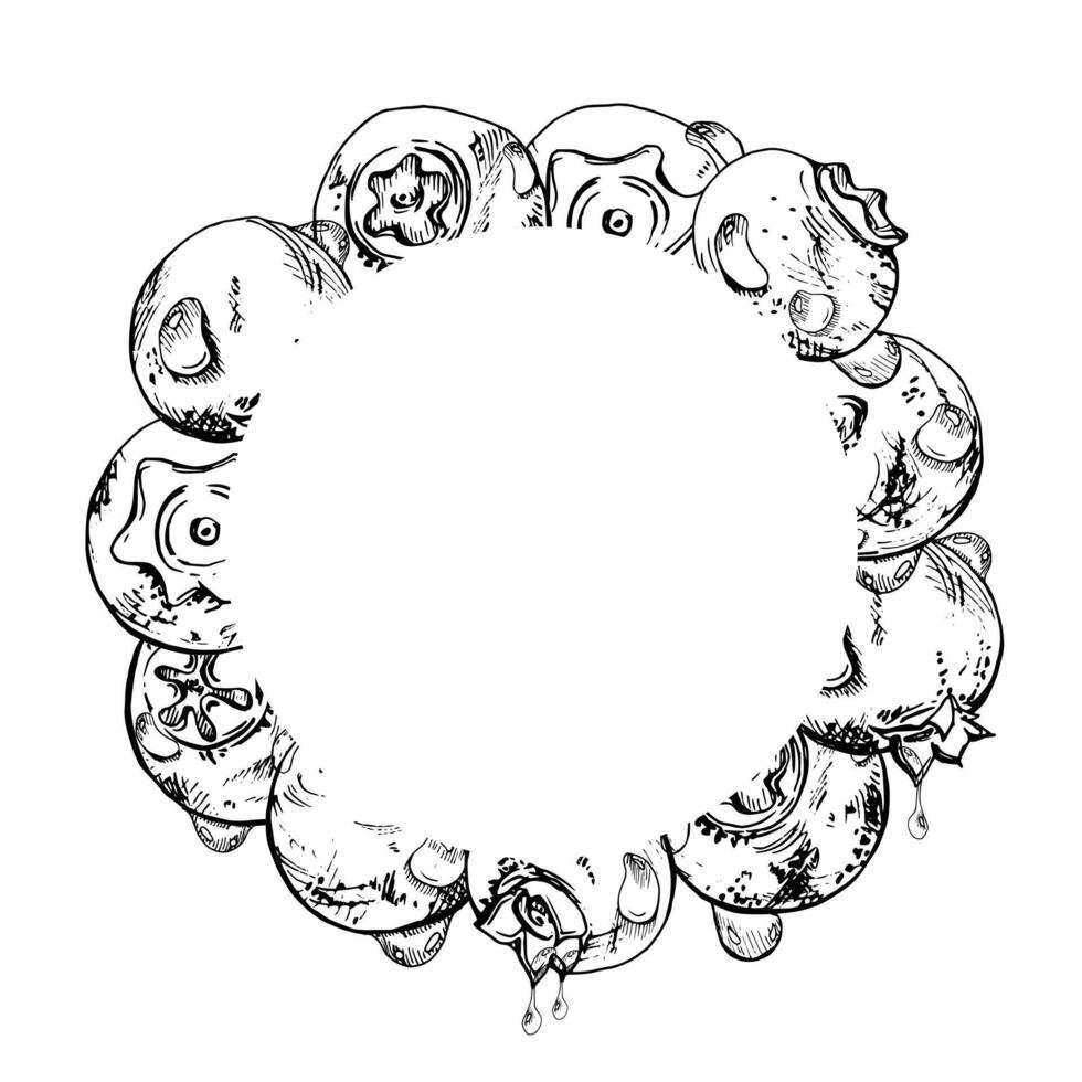 Blueberry blackberry, hand drawn in ink , group of scattered ripe forest berry with drops, blue and sketch. Wreath frame isolated illustration for restaurant, dessert cafe menu, farmers market vector