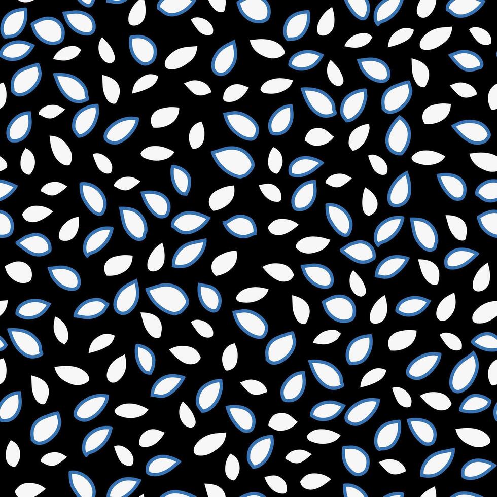 Seamless pattern with abstract petal like shapes in white and blue on a black background. Modern, fresh, plain and airy design ornament for textiles, wallpapers, packaging, contemporary prints vector