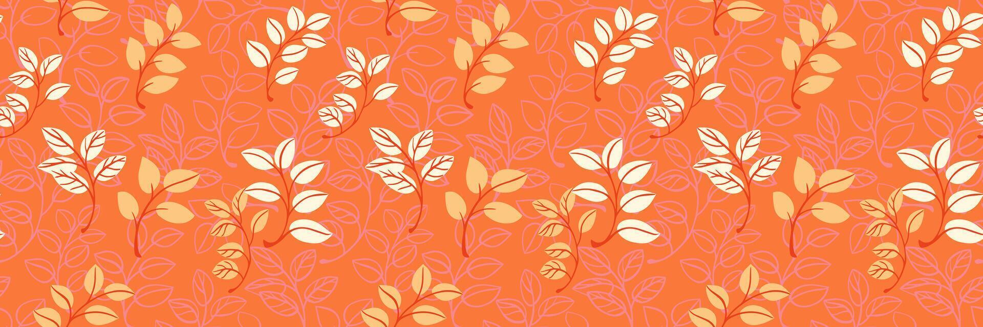 Seamless botanical pattern featuring elegant leafy branches in warm autumn hues of orange, beige, and red. Nature ornament for fall-themed textiles, wallpapers, packaging, invitations vector