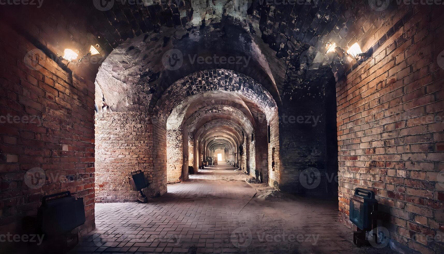 A long tunnel with brick walls and light coming from the ceiling photo