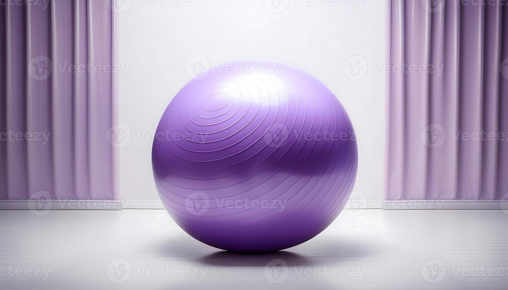 A purple exercise ball sits in front of a window photo