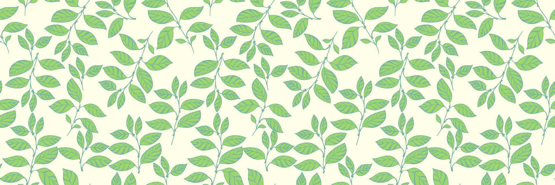 Fresh seamless pattern featuring green leaves and branches on a soft cream background. Ideal for eco-friendly designs, nature-inspired decor, textiles, wallpapers, and modern graphic projects. vector