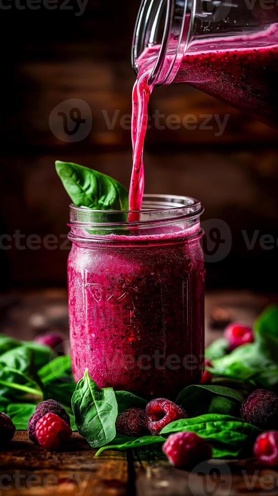 Interactive Smoothie Setup with Toppings on Wooden Board photo