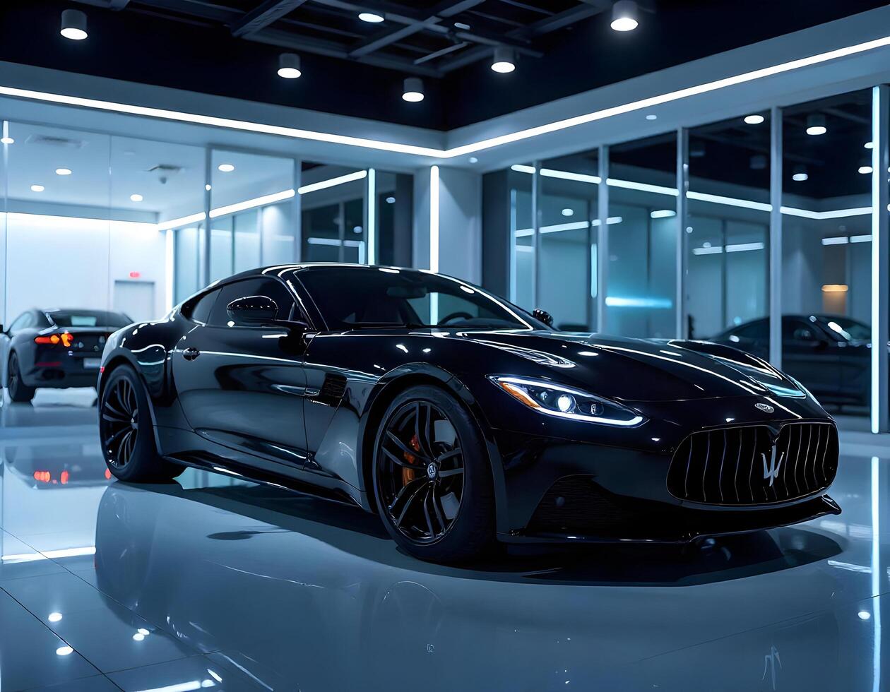 3D rendering of a brand-less generic concept car in showroom photo