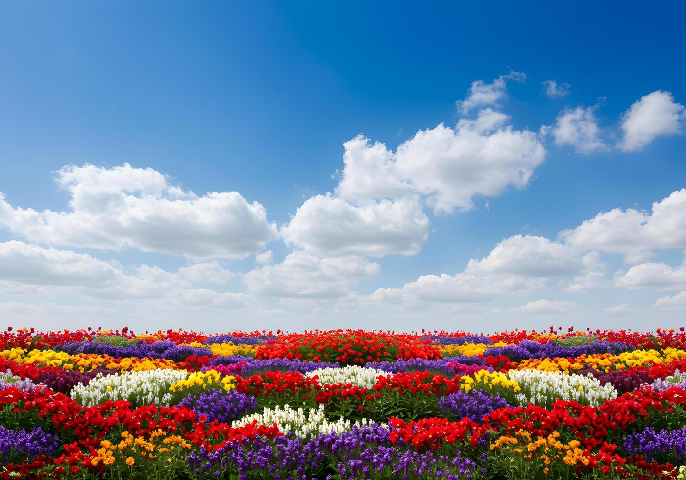 colorful field of poppies on the background of blue sky photo