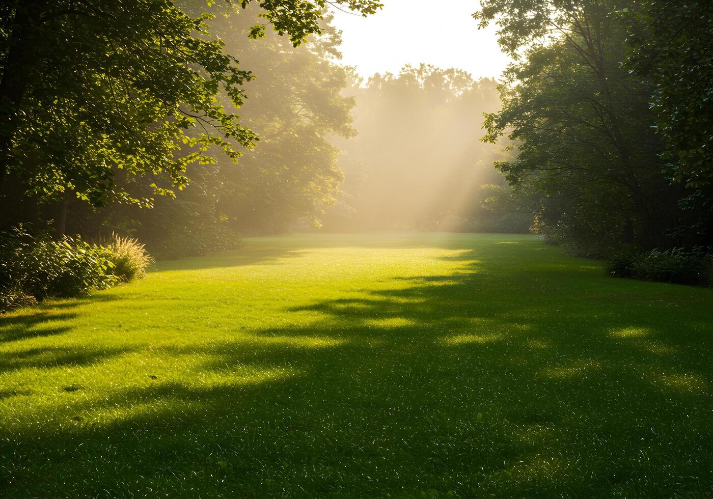 Morning in the park. Sun rays through the trees and grass. photo