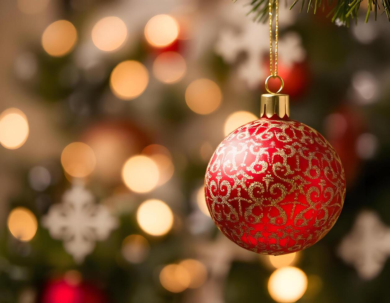 Christmas bauble hanging on christmas tree with bokeh background photo