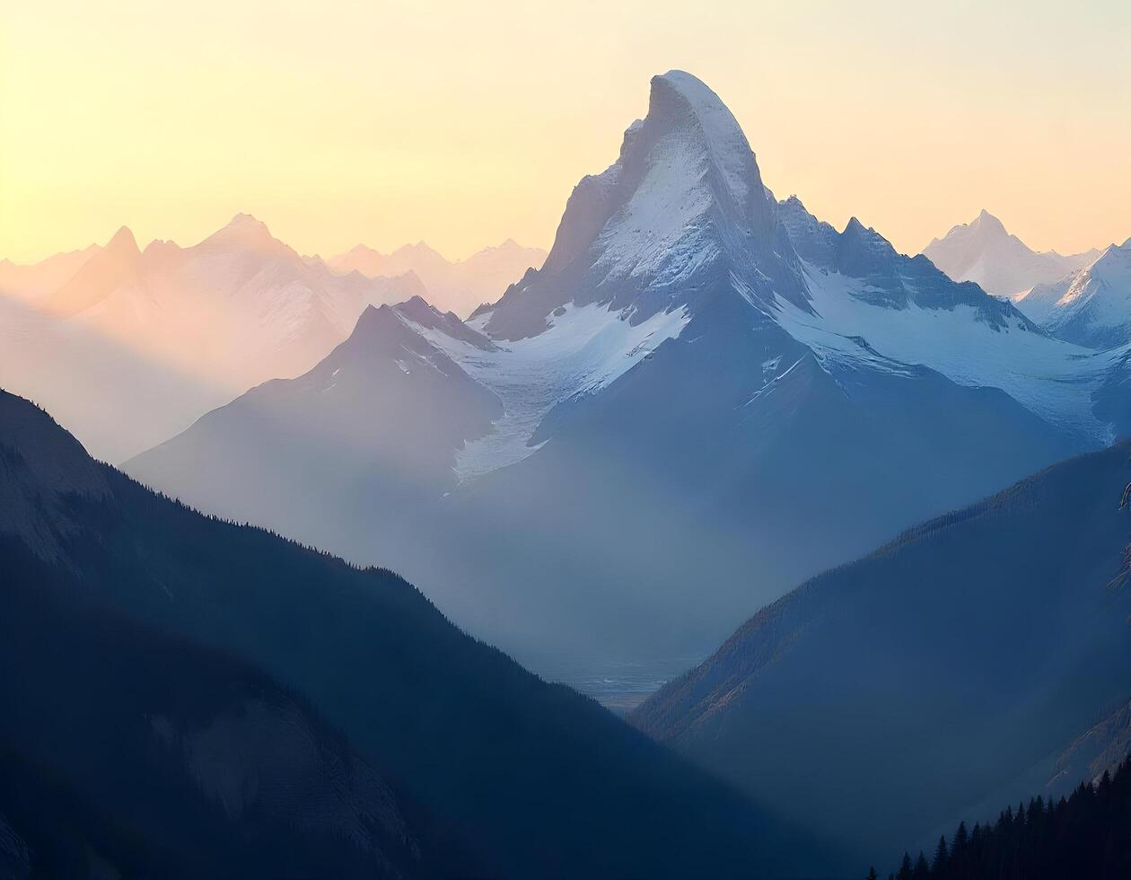 Mountain landscape with snow-capped peaks and lake at sunrise photo