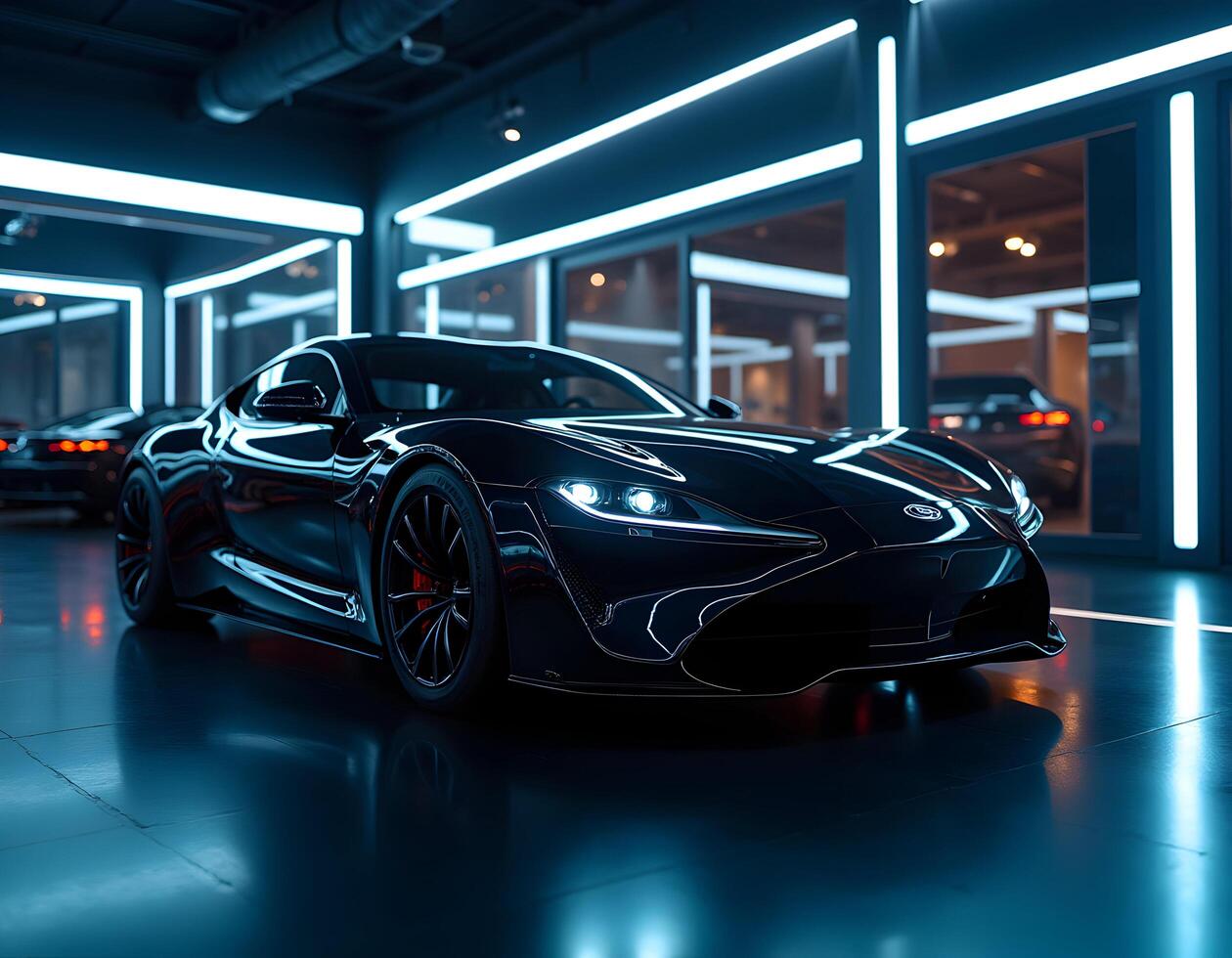 3D rendering of a brand-less generic concept car in a garage photo