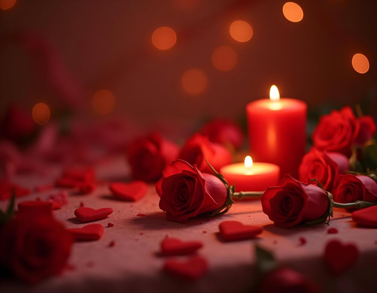 Valentine's day background with red roses and burning candle. photo
