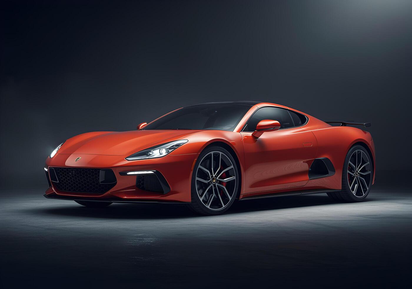 Modern red sports car on a dark background. 3d rendering. photo