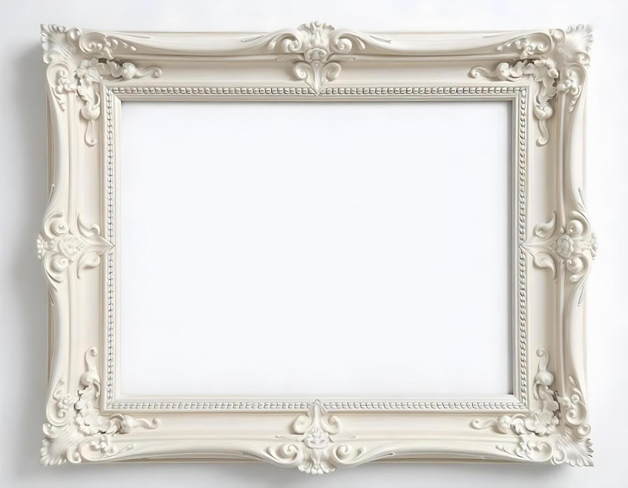 White picture frame on a white wall. Horizontal photo with copy space