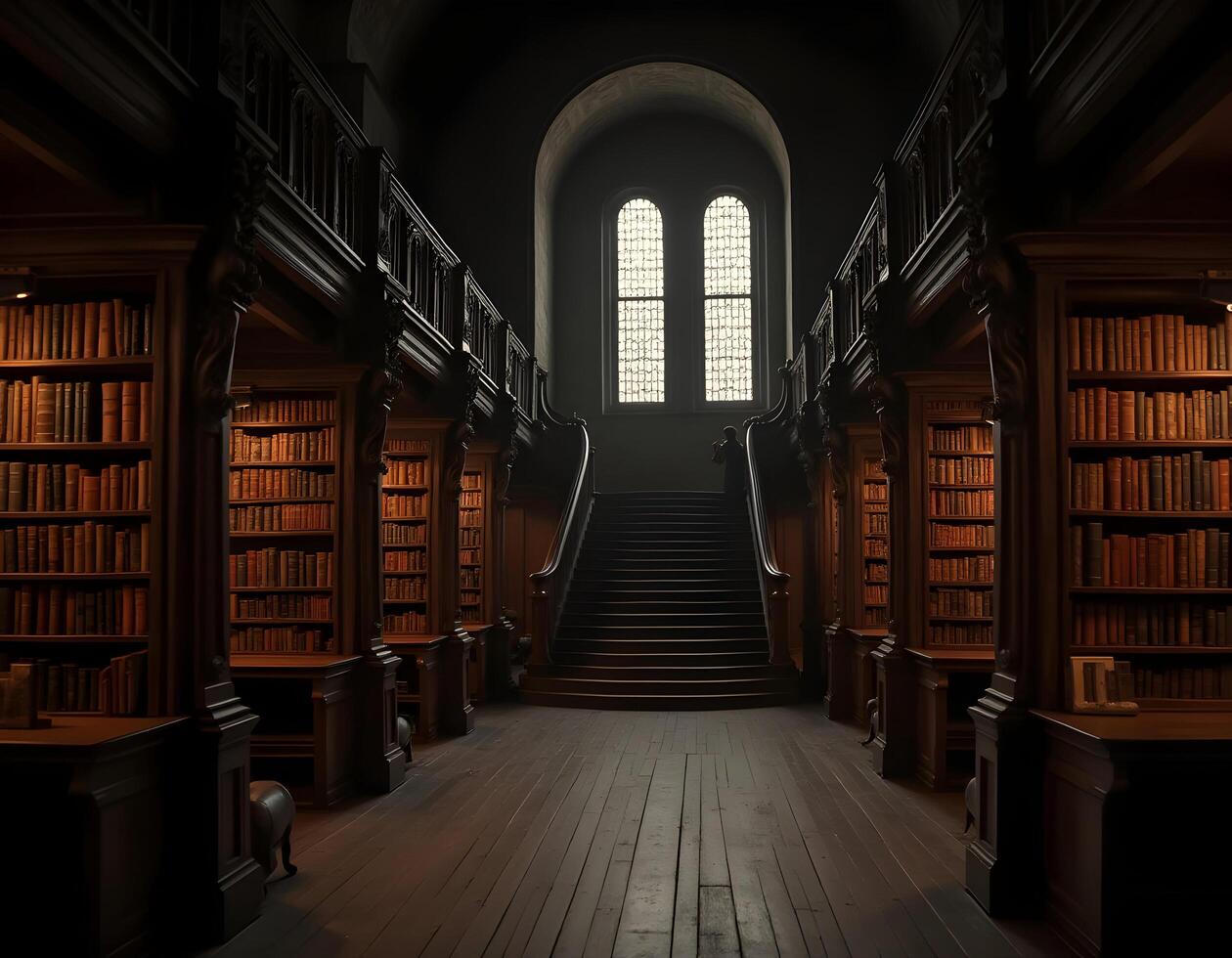 3D rendering of an old school library with stairs leading to the door photo