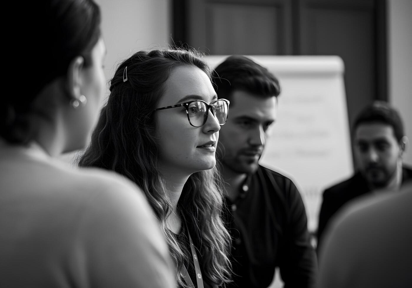 Group of young business people discussing business plan at modern startup office building photo