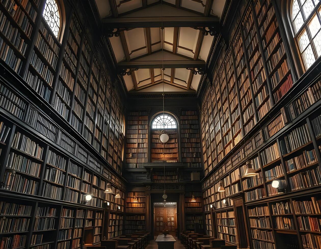 Inside of an old school library with rows of books and large windows photo