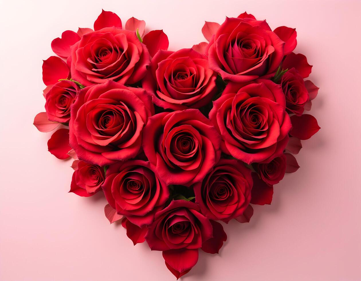 Red roses in heart shape on pink background. Valentines day concept photo