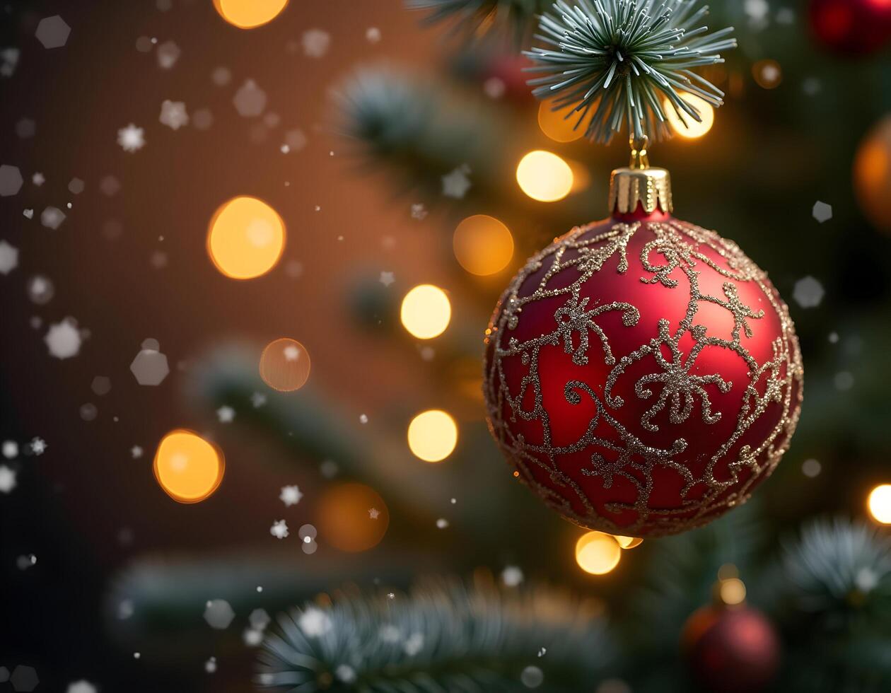 Christmas tree with red bauble on bokeh background. Christmas card photo