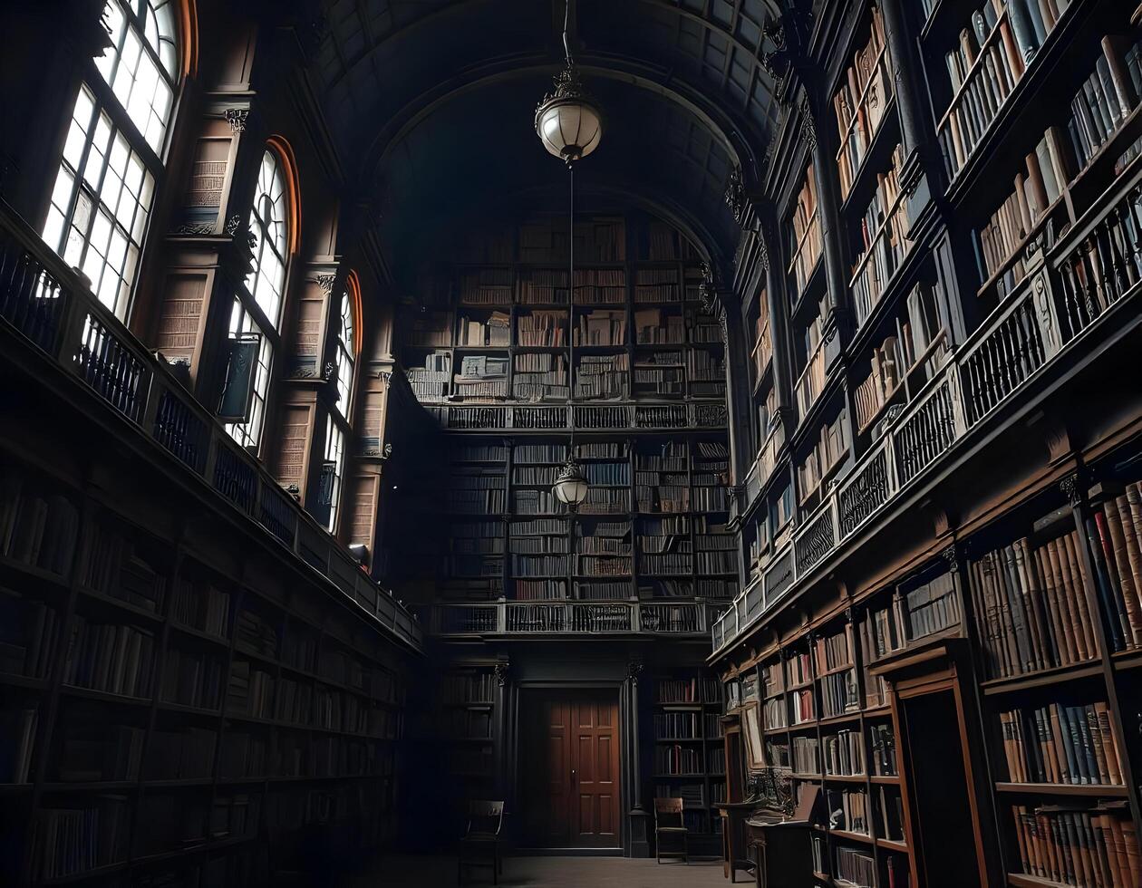 The interior of the old library with a lot of books on the shelves photo