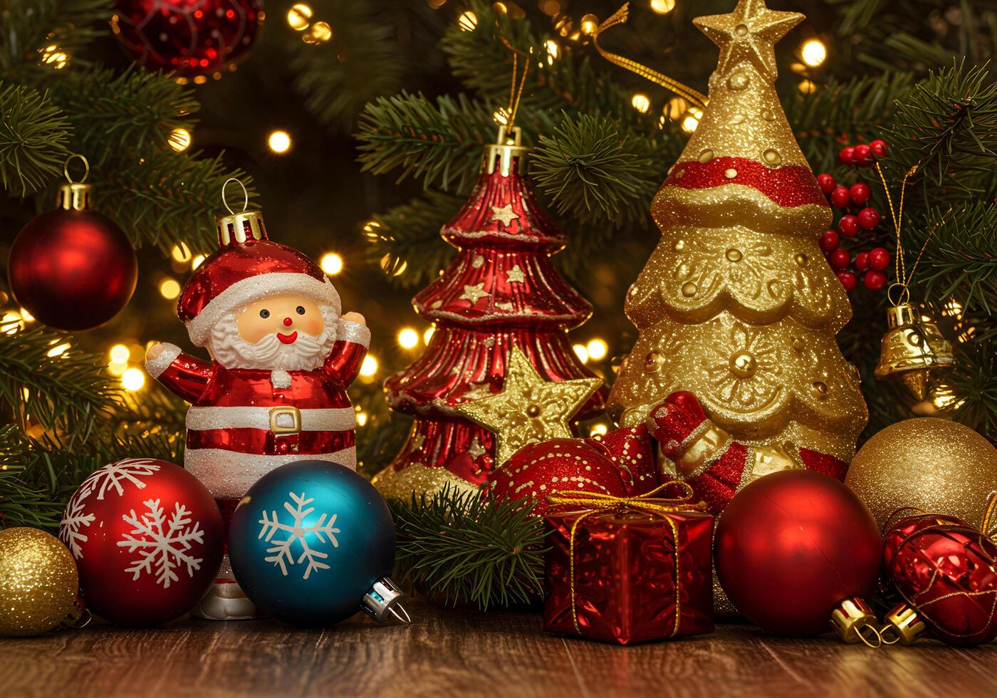 Christmas tree, baubles and santa claus on wooden background photo