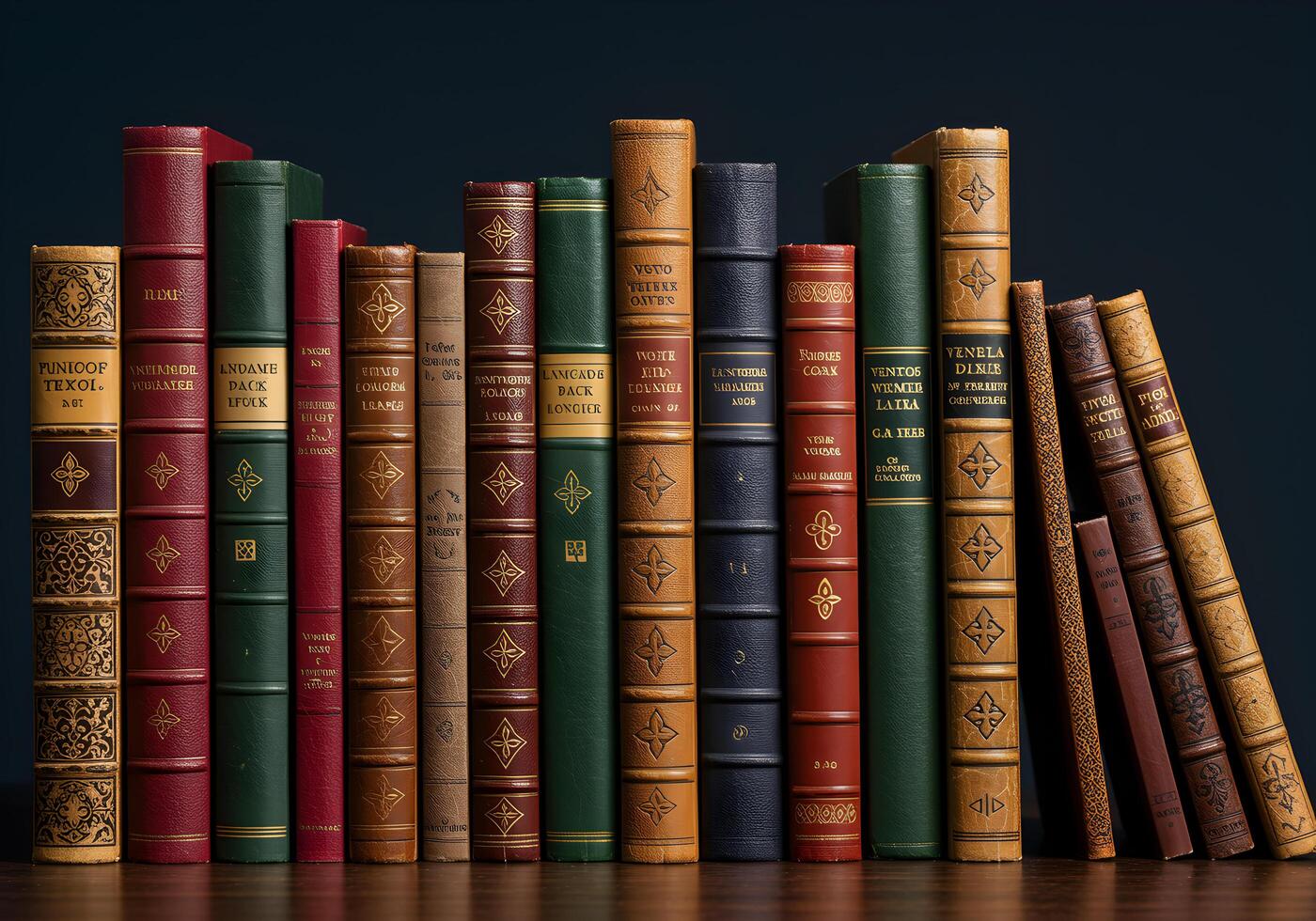 A row of old books on a wooden table against a dark background photo