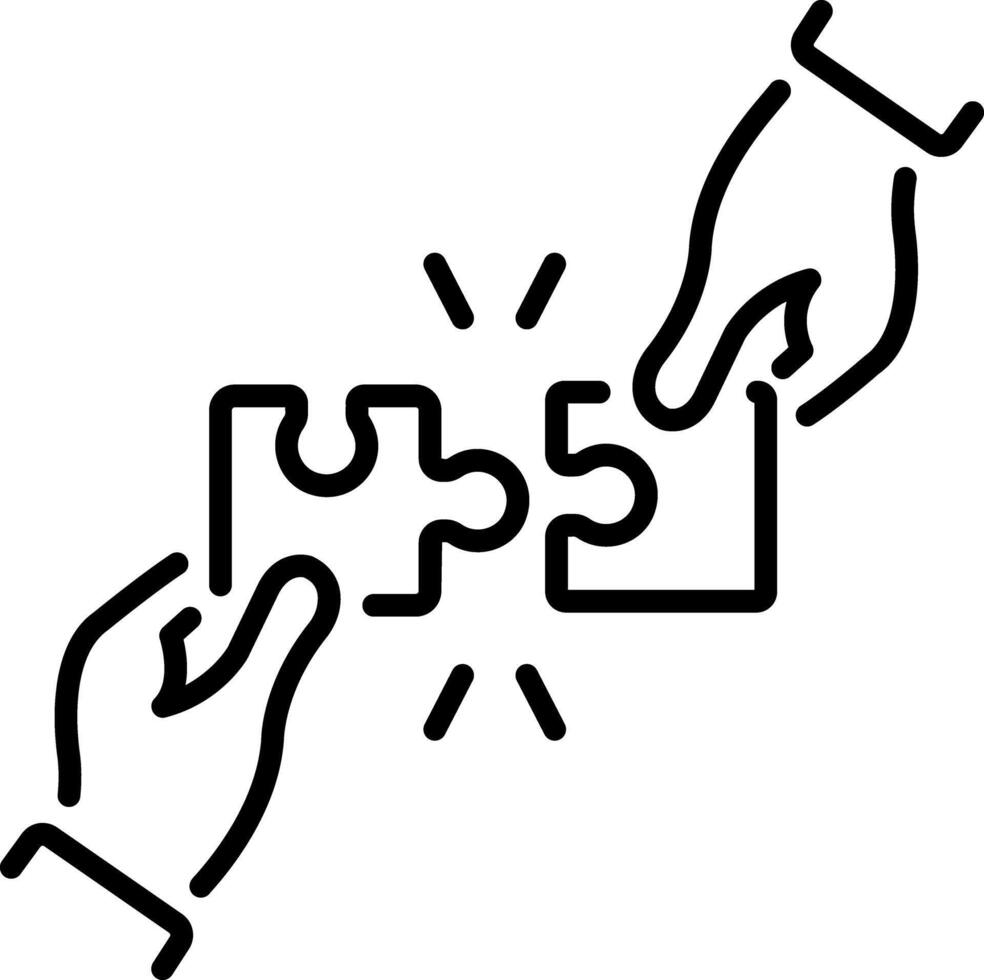 A linear style icon of two hands combining a puzzle depicting a solution vector